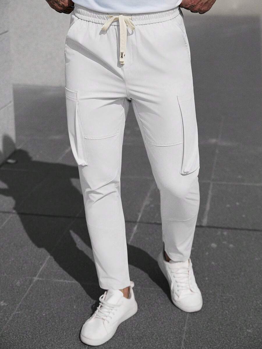 Manfinity CasualCool Pantalones casuales para hombres con bolsillos en diagonal y cordón en la cintura, para primavera/verano - Blanco - Ver 1