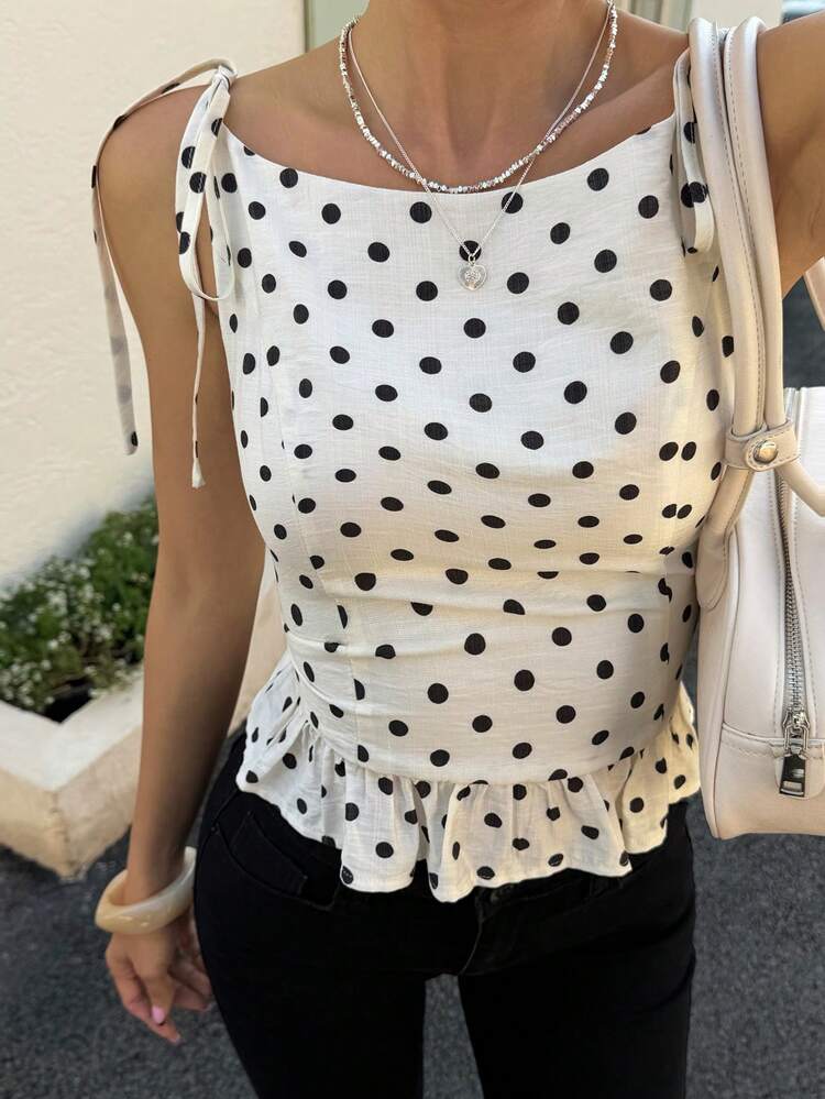 Women's Summer Boat Neck Polka Dot Camisole Tie Casual Blouse