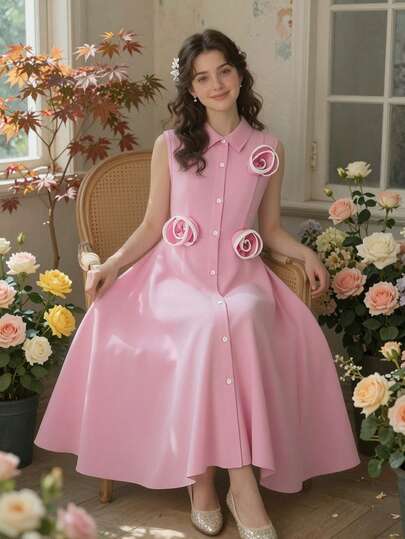 SHEIN ChillGRL Streecool Teen Girl Girls & Teens Sleeveless Woven Shirt Dress, Elegant Collared Open Front, Contrast Ruffle Trim Floral Decor, Suitable For Casual Daily & Commute Wear, Spring/Summer