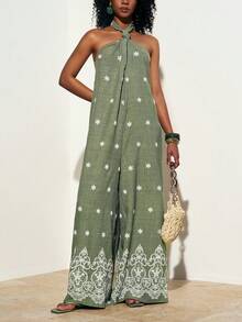 Zivah 2026 女士印花度假休闲独特图案印花面料前系带露背镂空长款连体裤 - 軍綠色 - 查看 6