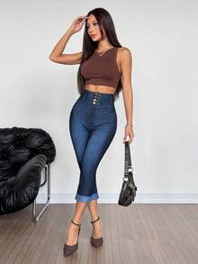 SHEIN Tall 女士高腰口袋纽扣休闲百搭日常牛仔裤 - 深色水洗藍 - 查看 3