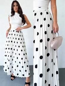 Firerie Falda plisada de línea A con lunares negros y blancos elegante para mujer - Blanco y Negro - Ver 4