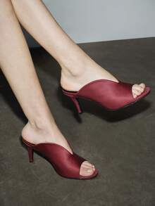 春夏酒红色女士高跟凉鞋，露趾V型开口拖鞋，露趾V型开口乳胶布凉鞋 - 酒紅色 - 查看 7