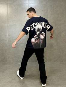 Manfinity Roghcode 男士休闲图案字母印花T恤，夏季 - 彩色 - 查看 3