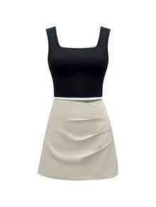 GlowEve New Set: Black Square Neck Wide Strap Camisole Tank Top + High Waist Pleated A-Line Skirt, Fashionable Summer Outfit For Women - Multicolor - View 4