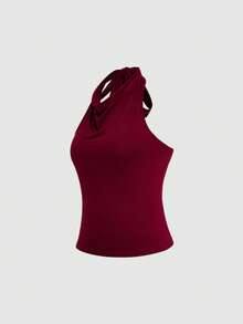 Sweetra 露背细肩带无袖露脐上衣，性感露背吊带衫，百搭时尚露背背心，复古法式性感露脐吊带衫，夏季收腰时尚吊带衫 - 酒紅色 - 查看 7