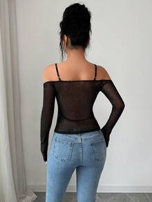 DAZY Women's Fashionable Sexy Shiny Sheer Off-Shoulder Camisole - Black - View 3