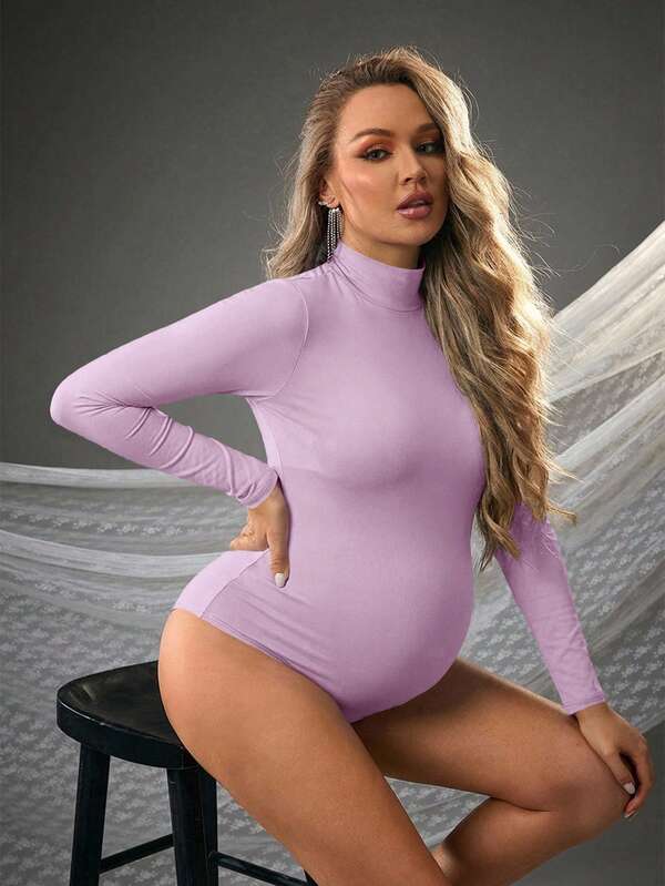 Cheriluna Maternity Maternity Solid Color Stand Collar Long Sleeve Romper