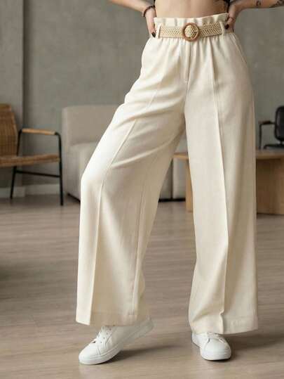 Pantalon elegante de moda para Mujer Pantalón palazzo mujer tiro alto con cinturón tejido, pata ancha, cintura elástica, corte holgado, tela fresca, estilo elegante casual ideal para trabajo en verano y vacaciones