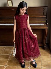 DAZY Tween Girls Sleeveless Sequin Embroidered Dress, Fall Outfit - Red - View 4