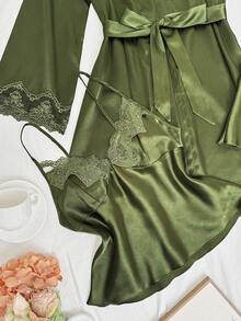 SilkySpell 4pcs Set: Embroidered V-Neck Faux Silk Camisole Nightgown + Camisole Top & Shorts + Robe - Army Green - View 5