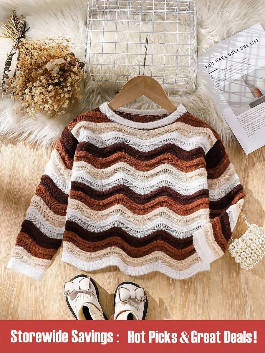SHEIN Áo len dệt kim mỏng dễ thương họa tiết ombre chuyển màu cho bé gái - màu nâu - Xem 1