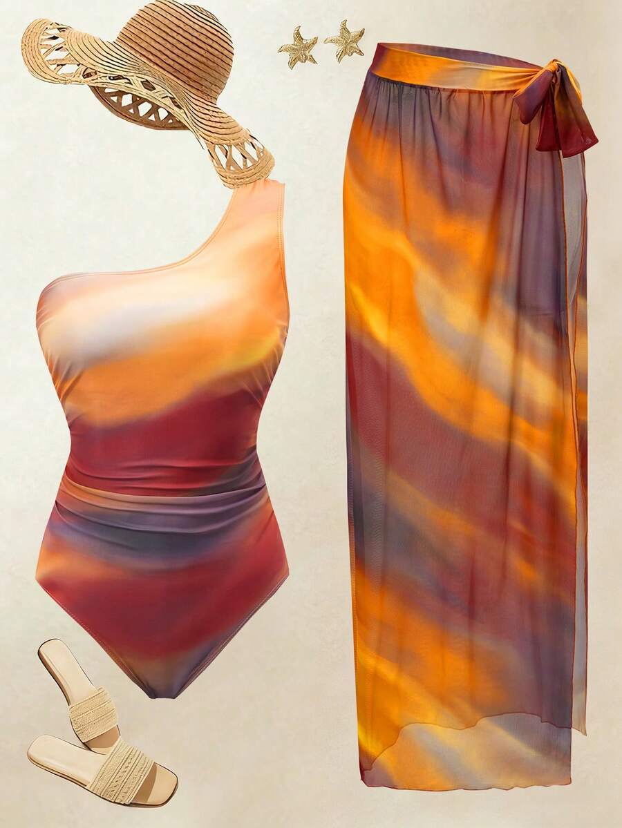 Swim Oasis Bộ áo tắm liền thân in họa tiết tie-dye dành cho nữ, có bèo nhún ở vai, kết hợp với áo khoác ngoài và chân váy ngắn, lý tưởng cho kỳ nghỉ. - Nhiều màu - Xem 1