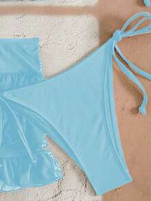 EgrlEra Bộ bikini 3 mảnh màu trơn dành cho nữ, kiểu dáng váy xòe, cổ yếm, hở lưng, gợi cảm, thích hợp cho kỳ nghỉ biển. - Màu xanh nhạt - Xem 5