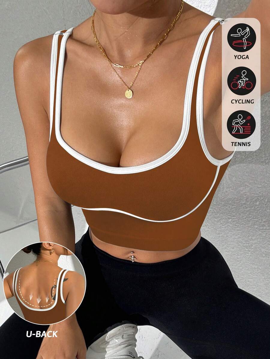 Slayform Áo tank top thể thao dáng ngắn ôm sát với viền tương phản - Màu nâu Sô-cô-la - Xem 1