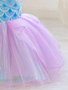 SHEIN Glamorique Kids 女嬰公主洋裝，淺藍色花卉，夏季，花童，度假，吊帶荷葉袖，生日派對婚禮節慶舞會洋裝 - 紫色 - 查看 5