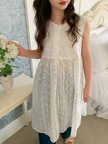 DAZY Tween Girls' Summer Casual Solid Color Hollow Out Embroidery Sleeveless Blouse Vacation - White - View 7