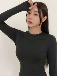 DAZY 女士纯色弹力高领修身长袖外套，休闲运动风，春秋季 - 黑色 - 查看 6