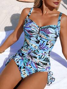 Swim Lushoire 女士树叶印花褶皱吊带背心式泳衣套装，包括上衣和三角泳裤，适合度假海滩穿着 - 彩色 - 查看 1