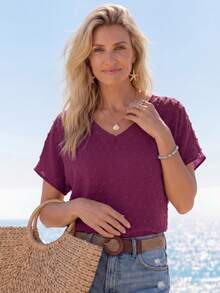 Sylviya Swiss Polka Dot V-Neck Batwing Sleeve Shirt,Short Sleeve Tops - Purple - View 5