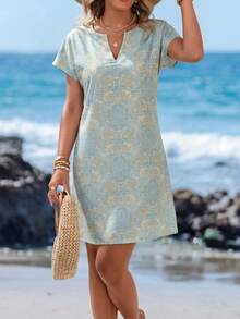 Sylviya 夏季全息印花v領蝙蝠袖長袍連身裙 - 淺藍色 - 查看 6