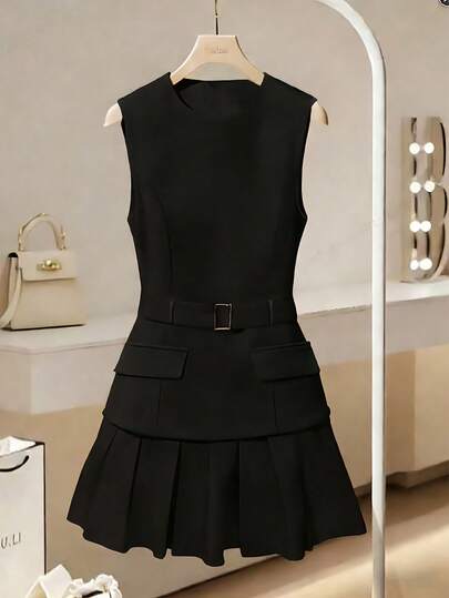 Franclia French Style Elegant Simple Versatile Daily Round Neck Sleeveless Cinched Waist Waist Pleated Dress Hem Woven Non-Stretch White Dress For Ladies, Spring/Summer Summer Dress Clothes For University