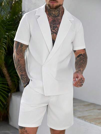 Manfinity CasualCool 男士纯色翻领短袖单排扣衬衫和短裤休闲套装