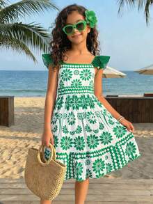 SHEIN Young Girls' Tropical Vacation Ruffled Bowknot Dress, Fresh Floral Print Off-Shoulder Puff Sleeve Elastic Waist Flowy Dress For Beach Holiday - Green - View 2