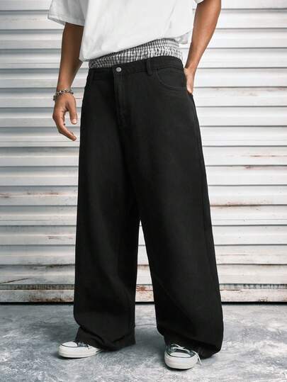 Modcrash 1件 Hearty Haven 水洗极简美式男士通勤牛仔裤，百搭休闲宽松阔腿裤（不含腰带或配饰）