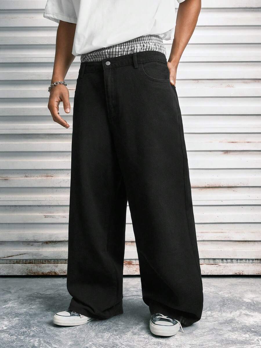 Modcrash 1pc Hearty Haven Washed Minimalist American Style Commuter Jeans For Men, Versatile Casual Loose Wide Leg Pants (No Belt Or Accessories) , Retro American, Unisex, Relaxed Fit Summer Outfits – Suitable For Everyday Wear And Summer Holiday Outfits. - Black - View 1
