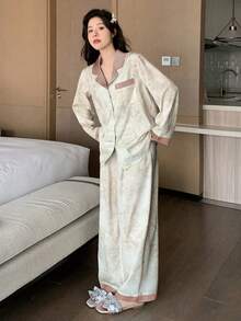 DAZY 图案拼布纯色睡衣套装，秋季返校服 - 卡其色 - 查看 5