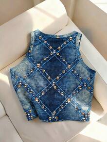 Resyla 女士休闲百搭圆领牛仔印花背心 - 彩色 - 查看 2