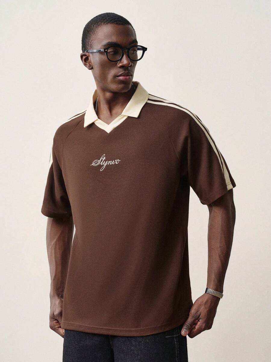 STYNVO Men's Letter & Stripe Raglan Short Sleeve Casual Commuter Polo Shirt - Coffee Brown - View 1