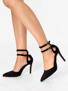 Glitzique 秋冬季女士高跟鞋，踝带镂空设计，优雅派对风，细高跟鞋 - 黑色 - 查看 4