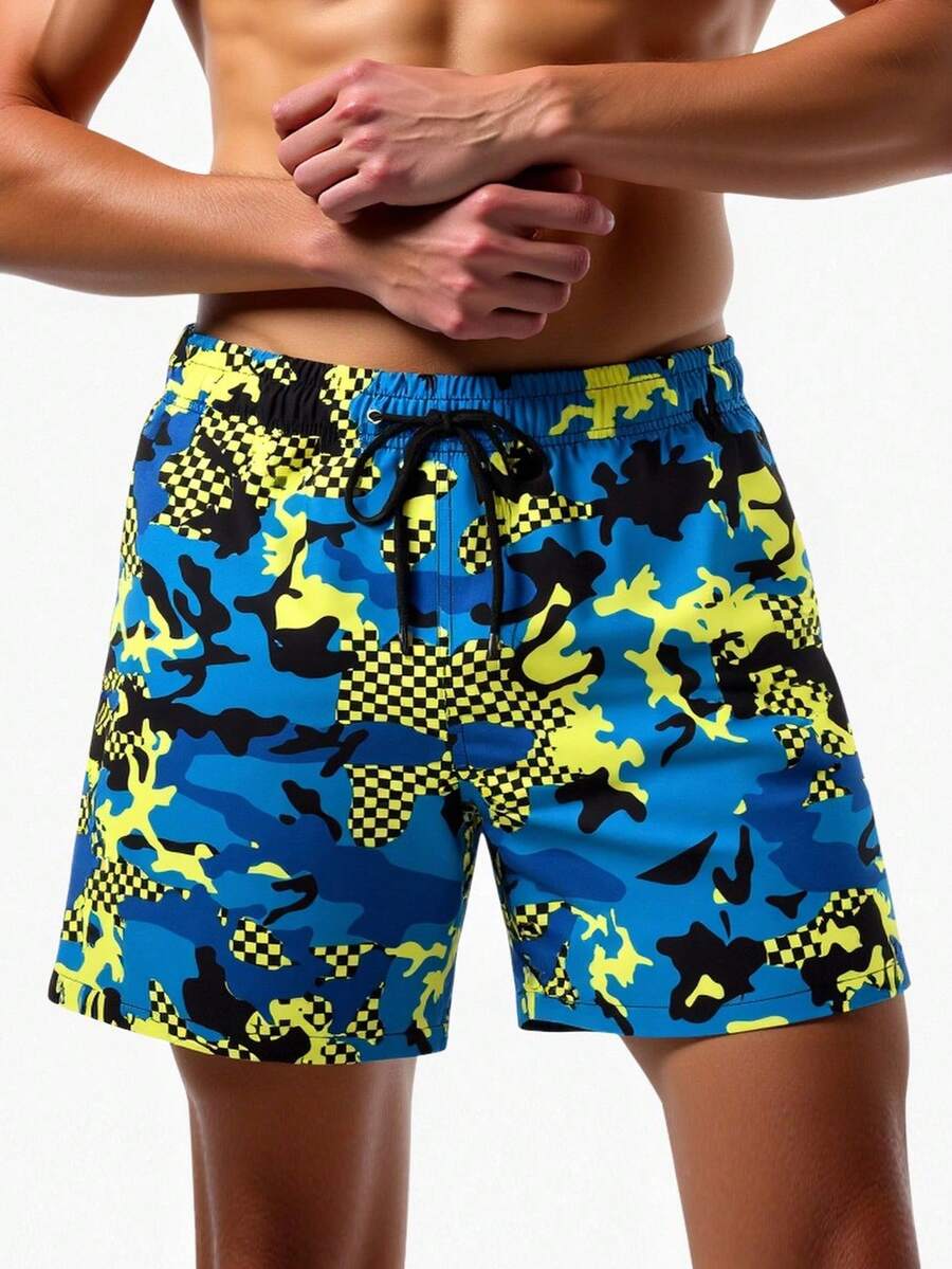Manfinity Swimmode Quần short đi biển nam in họa tiết rằn ri, có dây rút ở eo và túi. - màu xanh lá - Xem 1