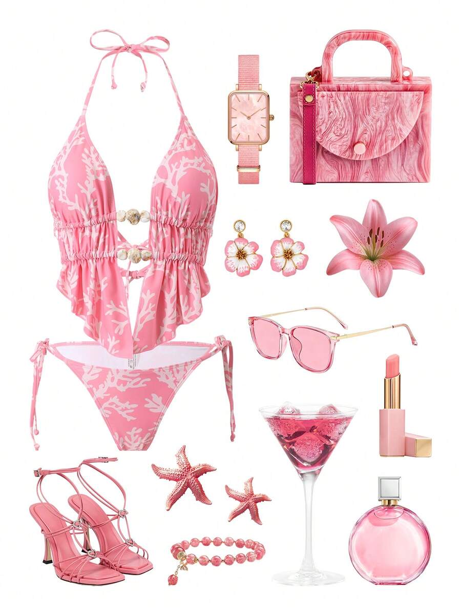 SHEIN Swim Vcay-D Women's Random Print Spaghetti Strap Camisole Bikini Top, Spring/Summer - Multicolor - View 1