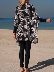 Swim Mulvari 3pcs Women's Minimalist Burkini Set, Includes One-Piece Swimwear, Printed Cover-Up Pants And Jacket, Vacation Middle East Style Burkini Outfit - Black - View 2