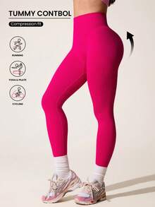 SHEIN Sports 玫瑰红色无缝高腰运动紧身裤 - 玫紅色 - 查看 4
