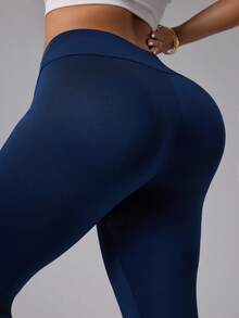 SHEIN Sports Leggings basic da donna taglie forti per yoga/fitness all'aperto con vita a V poco profonda - Blu Navy - Visualizzare 3