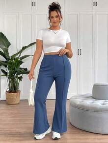 SHEIN Tall CURVE 大码女士简约日常喇叭裤套装 - 霧霾藍 - 查看 5