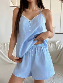DAZY 2pcs Lace Patchwork Sleeveless Camisole & Loose Shorts Pajama Set For Women, Summer - Blue - View 6