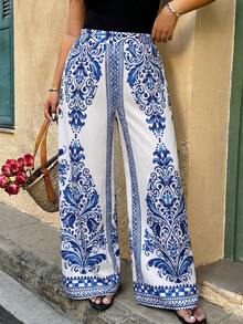 Weeklong Plus Size Women's Casual Boho Vacation Loose Solid Color Printed Long Pants, Autumn White - Multicolor - View 4