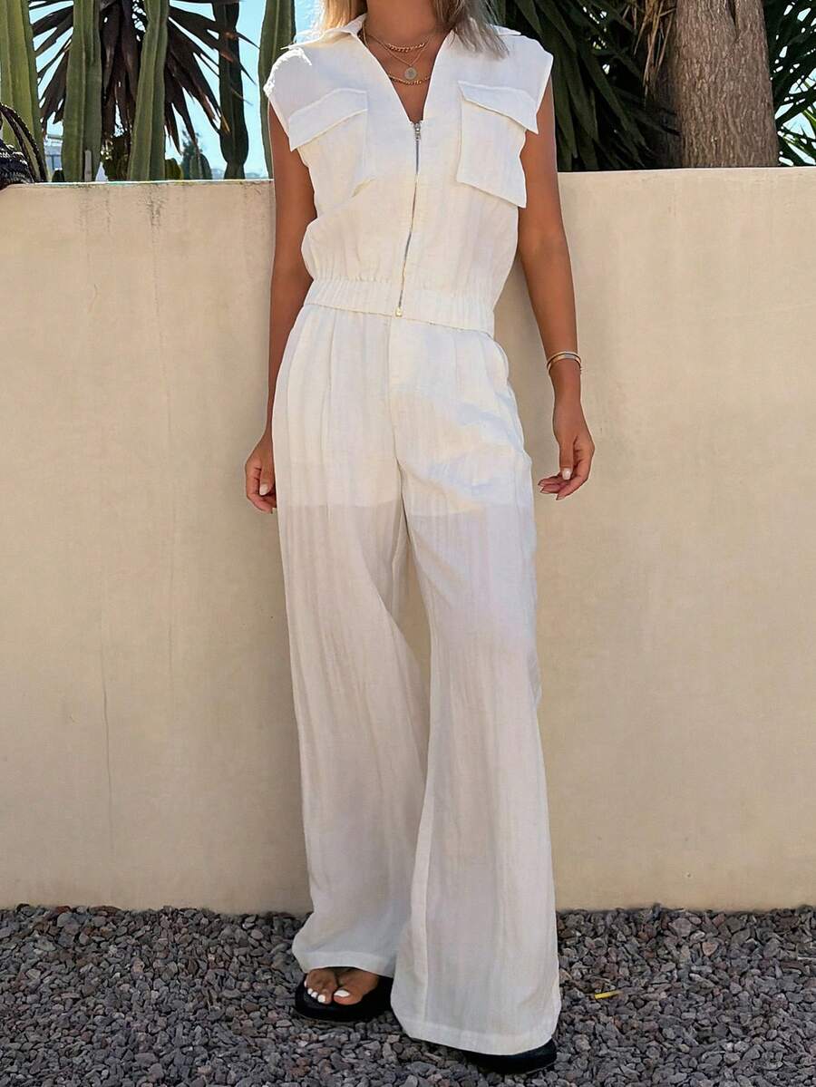 Livesso 女士休闲两件套：翻领外套，带大口袋和拉链，搭配裤子 - 白色 - 查看 1