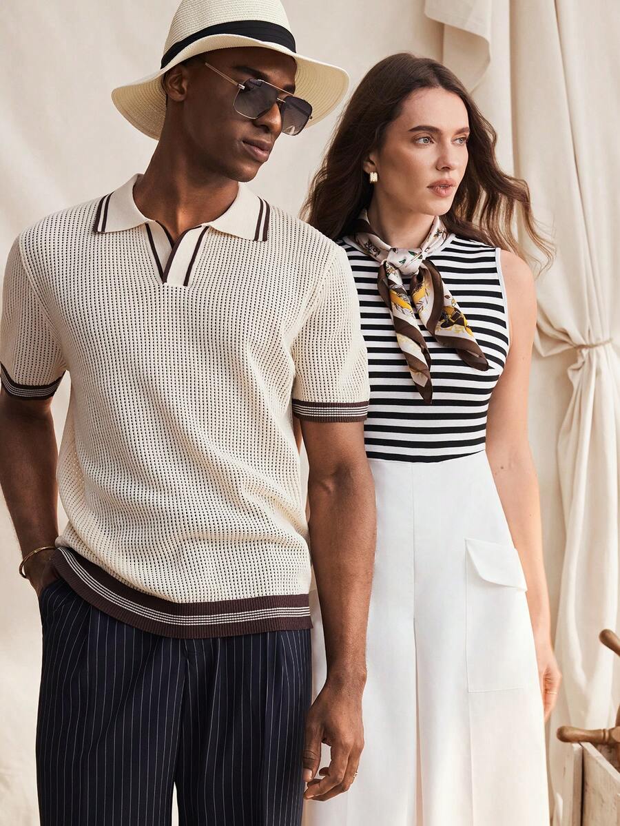 RONVEXI Men's Contrast Trim Hollow Out Polo Collar Knit Short Sleeve Top - Apricot - View 1