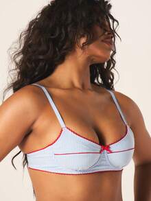 MISSGUIDED Striped Ribbed Underwire Bra With Contrast Red Trim And Bow Detail For Everyday Comfort And Support - Blue and White - View 3