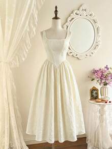 Vintamour Đầm nữ cổ điển thanh lịch có túi, chất liệu jacquard, cổ vuông, thích hợp cho kỳ nghỉ, tiệc tùng, mùa hè, trang phục mùa hè cho nữ, trang phục mùa xuân cho nữ, đầm xuân cho nữ, quần áo mùa xuân cho nữ, trang phục nghỉ xuân, đầm ngày lễ tình nhân, trang phục ngày lễ tình nhân cho nữ, đầm Valentine, đầm thanh lịch dự tiệc, đầm dự tiệc thanh lịch cho nữ, đầm dự đám cưới cho nữ, đầm dự tiệc cưới, đầm thanh lịch cho nữ. - Màu be - Xem 4