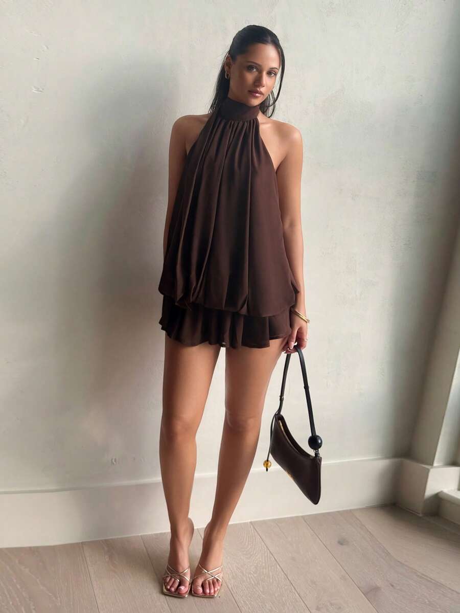 leahseptember 女士优雅棕色挂脖系带迷你连衣裙