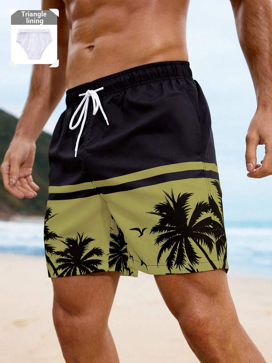 Manfinity KASUA Men's Drawstring Coconut Tree Print Casual Beach Shorts - Olive Green - View 1