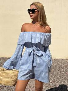 DAZY Women's Casual Striped Off-Shoulder Jumpsuit With Belt, Spring/Summer - Blue - View 5