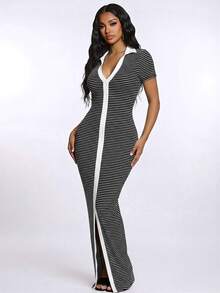 SHEIN SXY 女士休闲简约时尚通勤风短袖黑白条纹polo衫连衣裙，针织高弹修身开衩连衣裙，法式优雅连衣裙长款紧身连衣裙弹力连衣裙女士长款紧身连衣裙性感长款连衣裙黑白连衣裙女士连衣裙女士连衣裙女士连衣裙条纹连衣裙女士休闲连衣裙女士连衣裙 - 黑與白 - 查看 1